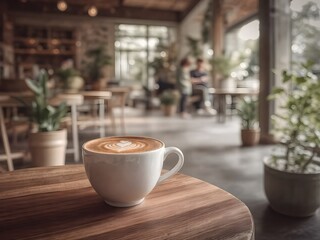 Ceramic Coffee Cup with Latte Art in Cozy Modern Café – Warm Scandinavian Interior with Natural Light (AI Generated)