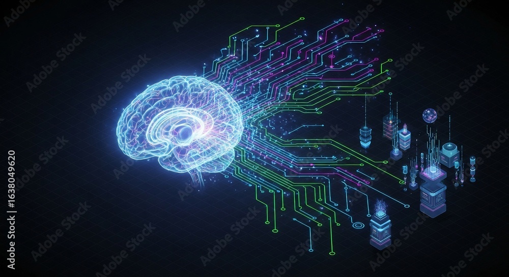 Aufkleber a glowing digital brain connected to a circuit board, representing artificial intelligence and futur