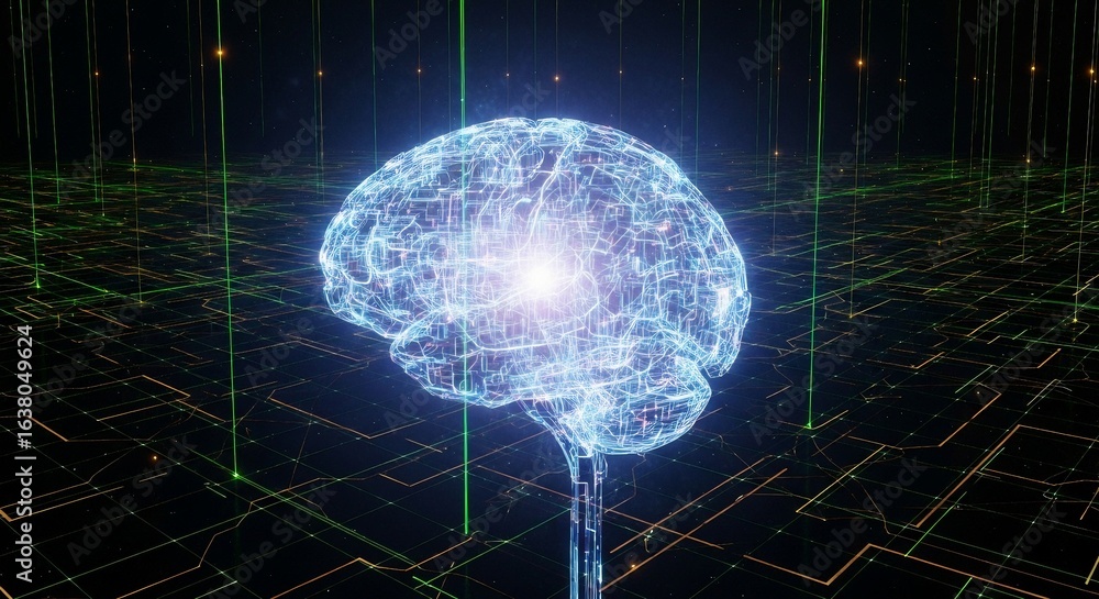 Aufkleber a glowing digital brain concept against a background of circuit boards and green data lines, symboli