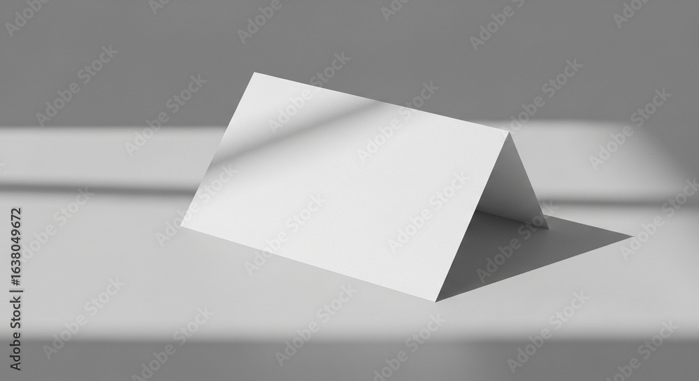 Poster blank white folded paper card stands on a grey surface with sharp window light shadows, ideal for mi