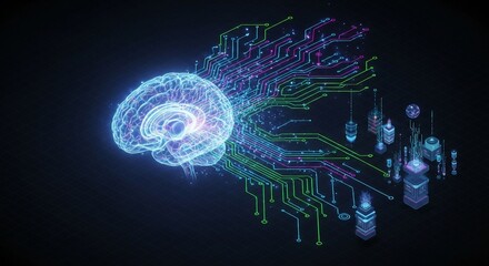 A glowing digital brain connected to a circuit board, representing artificial intelligence and futuristic technology on a dark background.