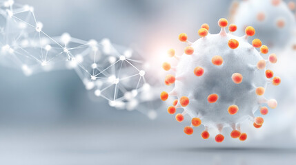3d render of coronavirus cell with connected molecular structure on blurred background, close-up