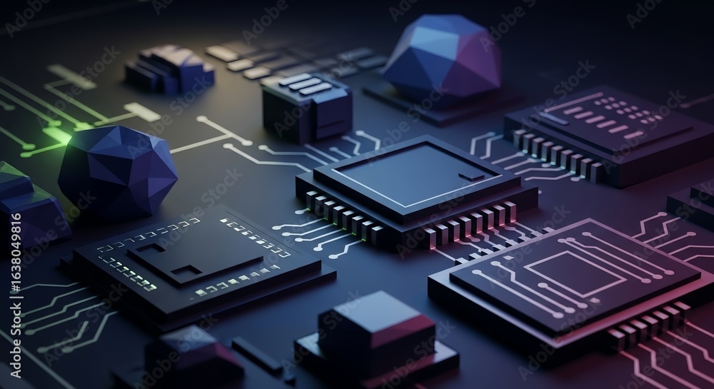 Poster close-up shot of computer chips and components arranged on a circuit board, representing advanced te