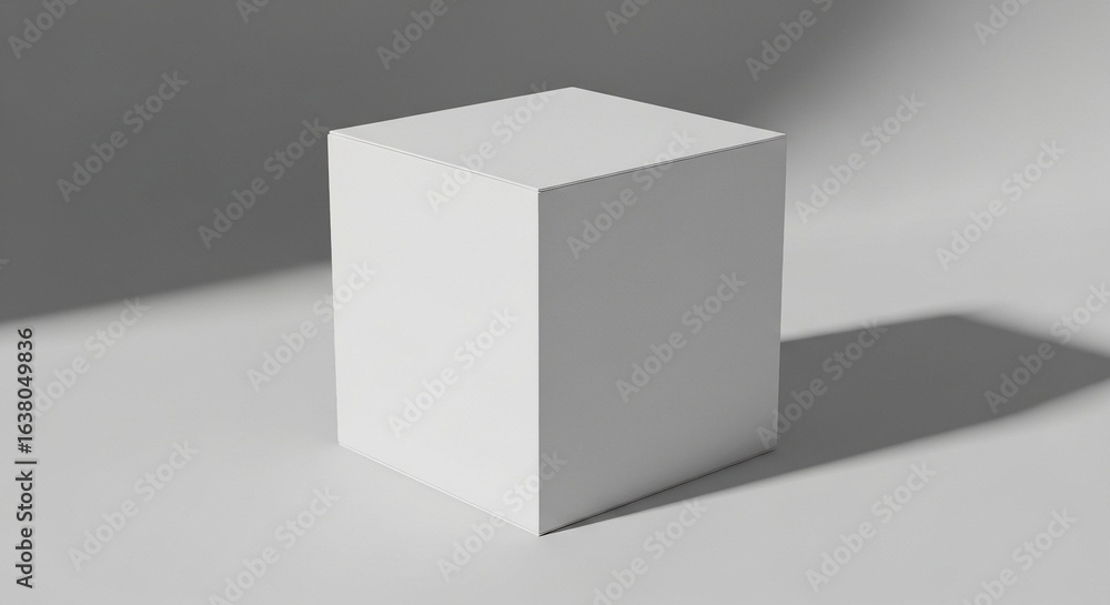 Poster minimalist white cube illuminated by soft studio light, casting a sharp shadow on a light grey surfa