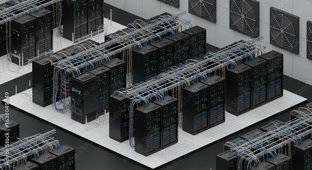 Aufkleber isometric view of a modern data center filled with server racks and cables, conveying concepts of te
