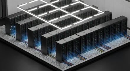 Data center servers in a modern server room with cooling systems, representing cloud computing, data storage, and digital infrastructure.