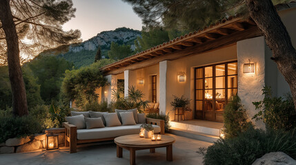 Fototapeta premium Serene Villa Terrace: A cozy villa terrace invites relaxation, adorned with a wooden table, comfortable sofa, and ambient lighting, offering a tranquil space to unwind and enjoy nature's beauty.