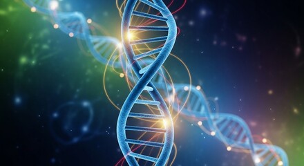 Vibrant blue DNA double helix structure glows with golden light against a dark, futuristic background, symbolizing genetic research, biotechnology, and scientific innovation.