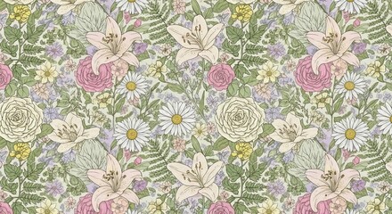 Seamless Pastel Floral Pattern: Delicate Lilies, Roses, and Daisies in a Charming Spring Garden Design, Perfect for Textile Prints, Wallpaper, and Surface Decoration
