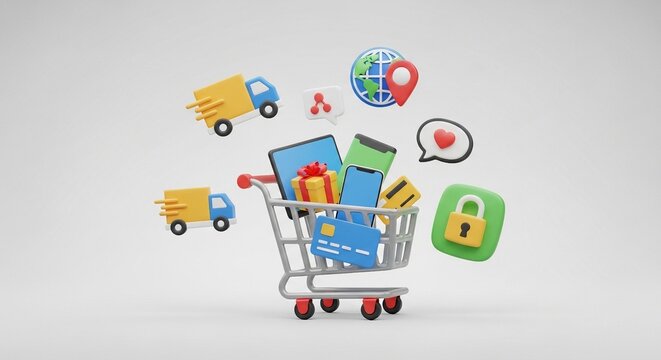 Dynamic 3D illustration of an online shopping cart loaded with smart devices and payment cards, surrounded by symbols of secure global delivery and digital commerce.