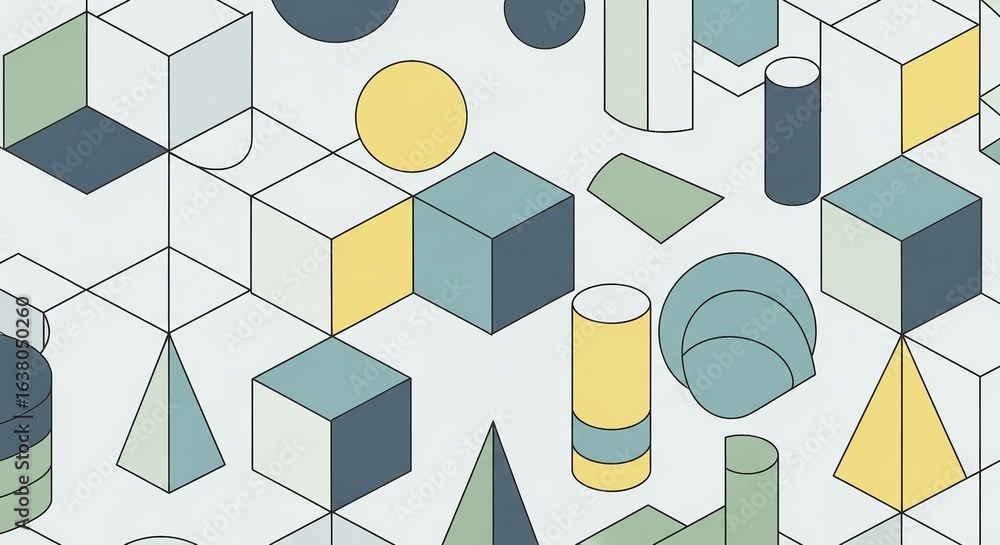 Poster abstract geometric pattern with colorful 3d shapes including cubes, cylinders, and pyramids on a lig