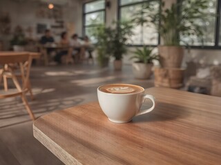 Ceramic Coffee Cup with Latte Art in Cozy Modern Café – Warm Scandinavian Interior with Natural Light (AI Generated)