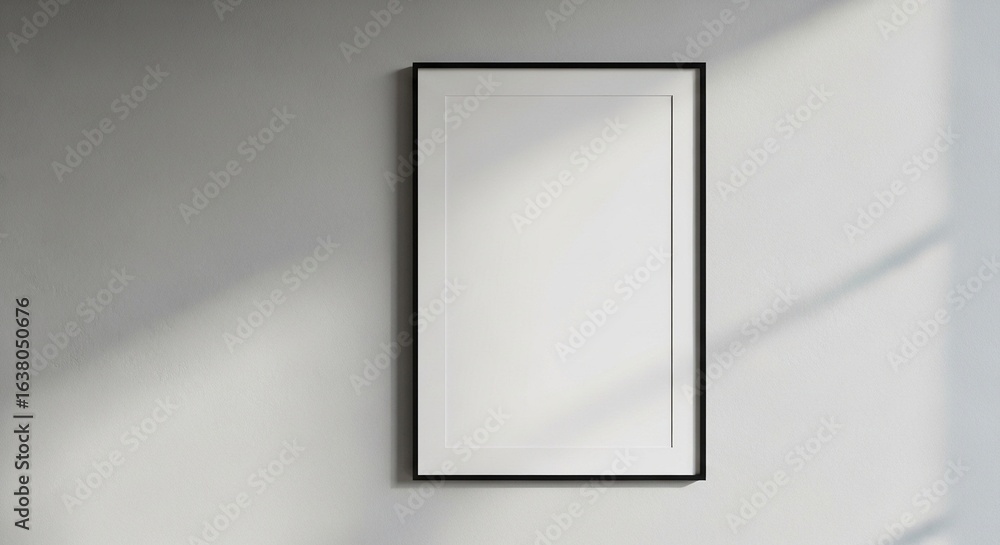 Poster a sleek black empty picture frame with white matting hangs on a minimalist wall, illuminated by soft