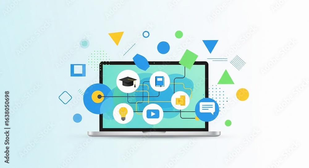 Aufkleber modern laptop displaying a digital learning network with educational icons and abstract shapes on a 