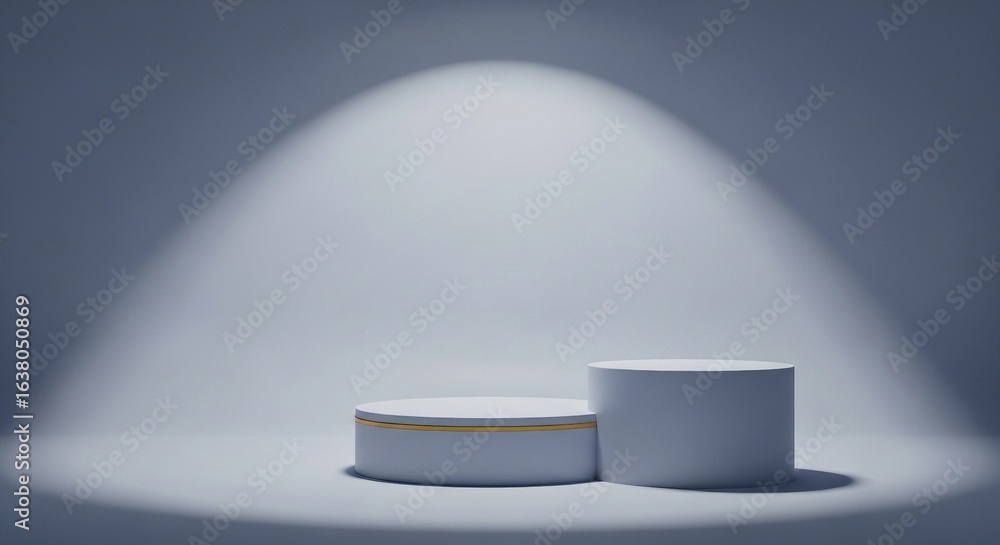 Poster minimalist product display with two round platforms under a spotlight, featuring clean design and su
