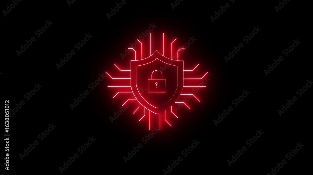 Poster neon blue glowing shield with padlock icon symbolizing digital security cybersecurity data cop icon 