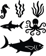 Marine life silhouettes with seahorse, shark, octopus, tuna fish, seaweed plants, underwater animals black vector icons for ocean wildlife, aquatic creatures, fishing, diving illustration design