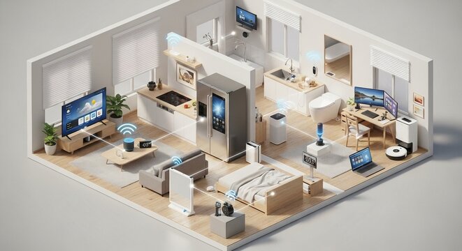 Isometric illustration of a modern smart home interior showcasing interconnected IoT devices and advanced automation for contemporary living.