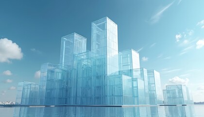 Futuristic glass structures rise against clear blue sky with soft clouds. Geometric architectural design with transparent building elements creates modern, minimalist aesthetic. Clean lines,