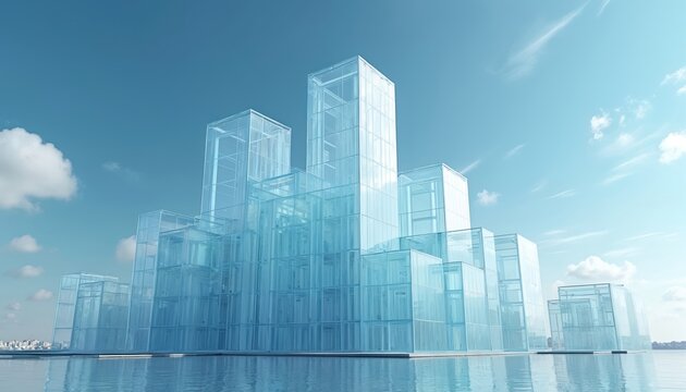 Futuristic glass structures rise against clear blue sky with soft clouds. Geometric architectural design with transparent building elements creates modern, minimalist aesthetic. Clean lines, - Powered by Adobe