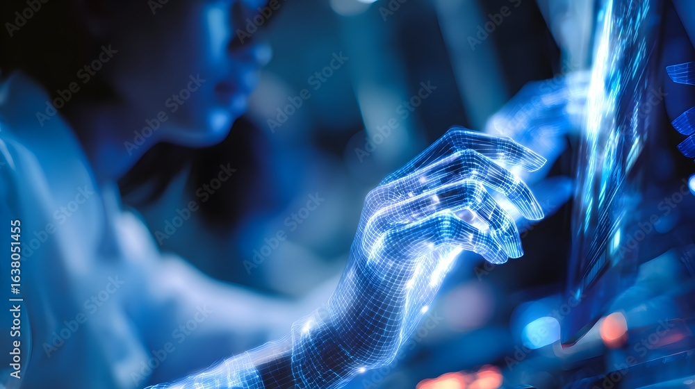 Poster person interacting with a digital interface displaying a wireframe hand.