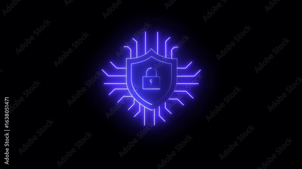Poster neon blue glowing shield with padlock icon symbolizing digital security cybersecurity data cop icon 