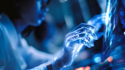 Person interacting with a digital interface displaying a wireframe hand.