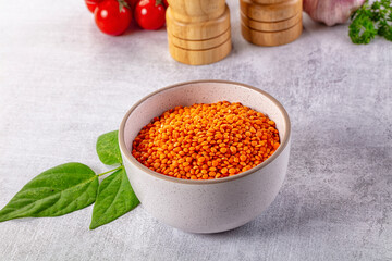 Raw dry red lentil in the bowl