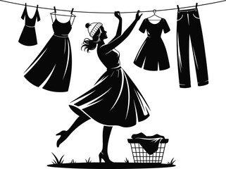 Woman hanging laundry outdoors, domestic chore, silhouette style, rural lifestyle, clean clothes drying, household routine, line art, beanie, grass, basket