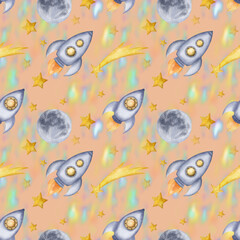 Beautiful peach seamless pattern with space rockets, spaceships, stars, full Moon and nebula, night sky space background. Digital watercolor.Cute for the kids design of clothes, textile, wrappers