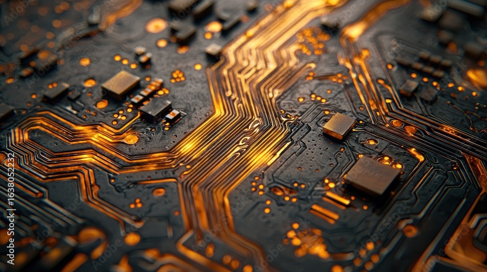 Poster close-up of a glowing circuit board with intricate traces