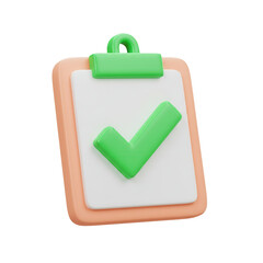 3D cartoon plastic icon of clipboard with green check mark, isolated on white transparent background, task completion symbol for business and education use