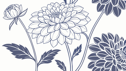 Elegant Line Art Dahlias and Leaves Botanical Illustration.