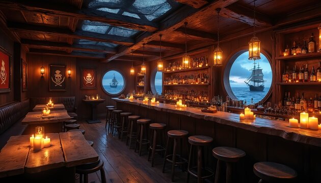 Elegant pirate-themed bar with wooden interior. Features long bar stocked with bottles, rustic tables, nautical decor. Large round windows offer ocean views of sailing ship at dusk, creating cozy,