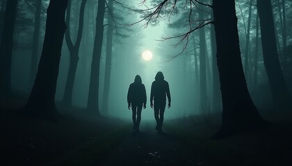 Cinematic Night Scene of Two People Walking Through a Spooky Foggy Forest Under Moonlight