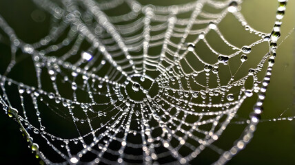 Dew-Kissed Web: A stunning close-up shot of a spider's intricate web, adorned with glistening dewdrops that capture and reflect the morning light, showcasing the delicate artistry of nature.