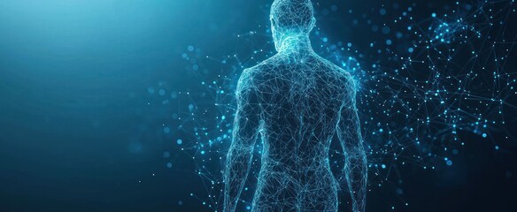 Abstract isolated human body on blue background. Polygonal top of body of adult man with polygons, particles, lines and connected dots. Medicine and healthy life digital concept. Low poly wireframe