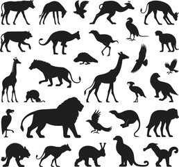 Collection of African and jungle animal silhouettes, wild animal icons, birds and mammals in black isolated on white background vector