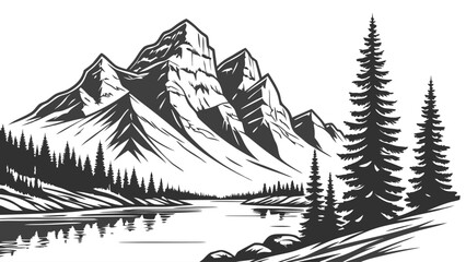 Majestic Mountain Range and Evergreen Trees Silhouette Landscape.