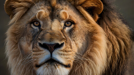 Fototapeta premium Majestic Lion's Gaze: A close-up portrait of a magnificent male lion, its intense eyes capturing the essence of the animal's regal presence, showcasing its strength and beauty.