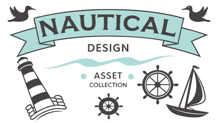 Fototapeta premium Nautical Design Asset Collection Lighthouse Ship Wheel Sailboat Birds.