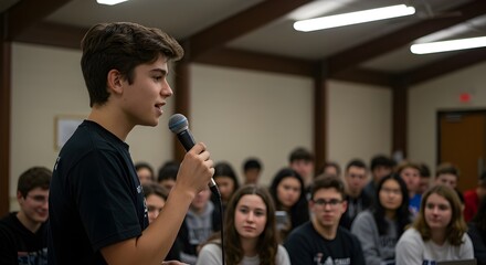 Eloquent young student leader speaking into a microphone, addressing a captivated audience at a youth conference or seminar.