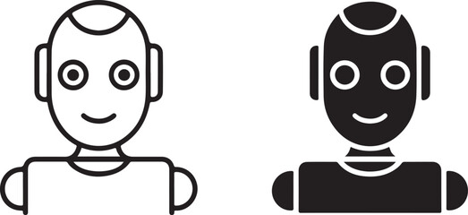 Friendly Robot Vector Icon: Outline and Solid Sign Symbols for AI, Technology, and Digital Interfaces.