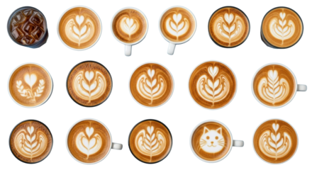 Enjoying a collection of beautifully crafted latte art coffees and a refreshing iced beverage perfect for coffee lovers seeking morning motivation or a midday treat.