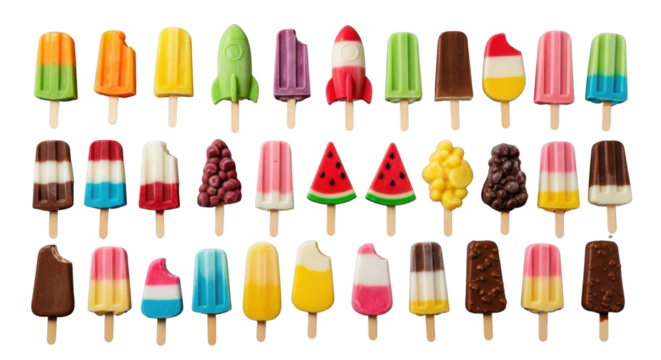 Vibrant collection of delicious frozen treats and ice cream popsicles in playful shapes and refreshing flavors, perfect for summer promotions and joyful occasions