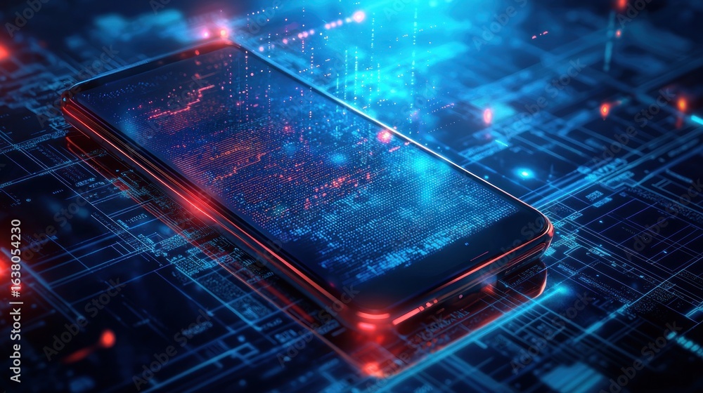 Aufkleber advanced technology concept with smartphone and glowing data. phone integrated with advanced technol