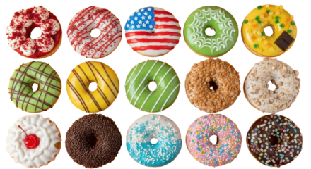 Indulge in a vibrant assortment of delicious donuts, from classic chocolate to patriotic American flag designs, perfect for celebrations and sweet treats.
