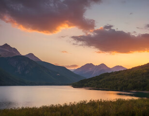 Serene Mountain Lake at Sunset with Mirror Reflection in Calm Water