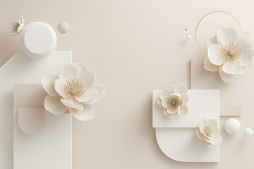 Minimalist composition with geometric shapes and delicate cream-colored flowers decoration