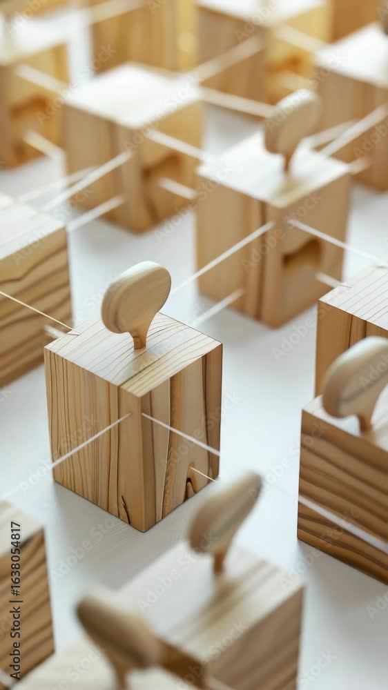 Poster a bunch of wooden blocks with strings attached to them. some of the blocks have a small head on them